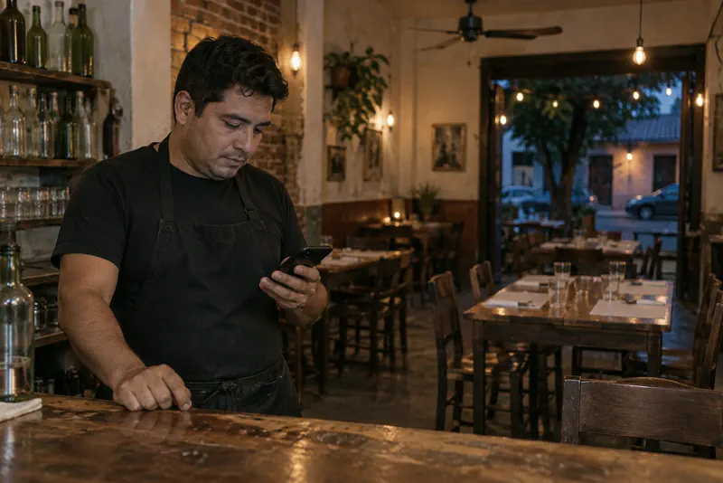 Encargado de un bar revisando las reservas en el celular, con las mesas listas detrás