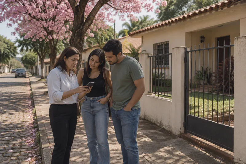 Agente inmobiliaria mostrando fotos de una casa en el celular a una pareja