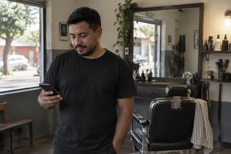 Barbero con su celular en la barbería